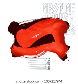 Red brush stroke and texture. Grunge vector abstract hand - painted element. Underline and border design.