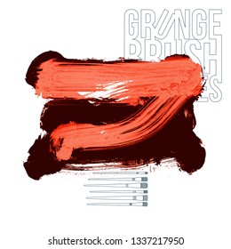 Red brush stroke and texture. Grunge vector abstract hand - painted element. Underline and border design.