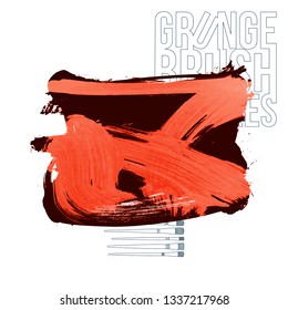 Red brush stroke and texture. Grunge vector abstract hand - painted element. Underline and border design.