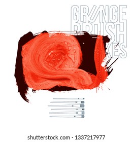 Red brush stroke and texture. Grunge vector abstract hand - painted element. Underline and border design.