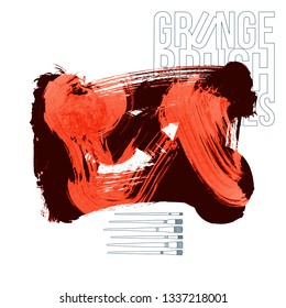 Red brush stroke and texture. Grunge vector abstract hand - painted element. Underline and border design.