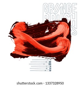 Red brush stroke and texture. Grunge vector abstract hand - painted element. Underline and border design.