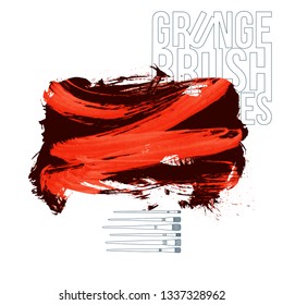 Red brush stroke and texture. Grunge vector abstract hand - painted element. Underline and border design.