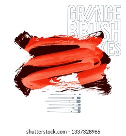 Red brush stroke and texture. Grunge vector abstract hand - painted element. Underline and border design.