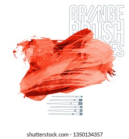 Red brush stroke and texture. Grunge vector abstract hand - painted element. Underline and border design.