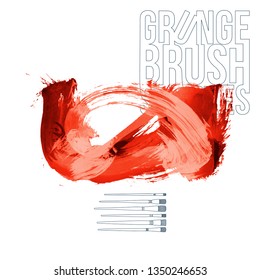 Red brush stroke and texture. Grunge vector abstract hand - painted element. Underline and border design.