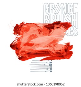 Red brush stroke and texture. Grunge vector abstract hand - painted element. Underline and border design.
