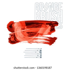 Red brush stroke and texture. Grunge vector abstract hand - painted element. Underline and border design.