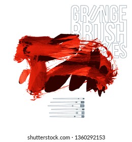 Red brush stroke and texture. Grunge vector abstract hand - painted element. Underline and border design.