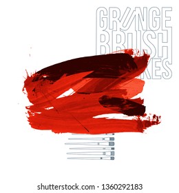 Red brush stroke and texture. Grunge vector abstract hand - painted element. Underline and border design.