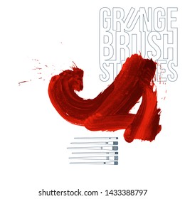 Red brush stroke and texture. Grunge vector abstract hand - painted element. Underline and border design.