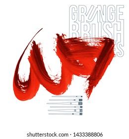 Red brush stroke and texture. Grunge vector abstract hand - painted element. Underline and border design.