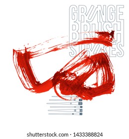 Red brush stroke and texture. Grunge vector abstract hand - painted element. Underline and border design.