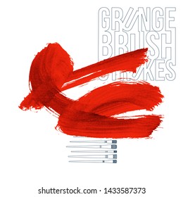 Red brush stroke and texture. Grunge vector abstract hand - painted element. Underline and border design.
