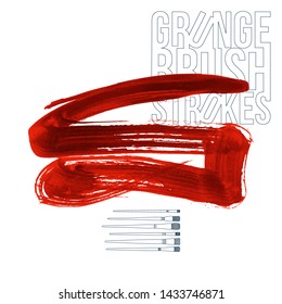 Red brush stroke and texture. Grunge vector abstract hand - painted element. Underline and border design.