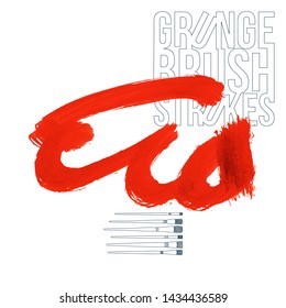 Red brush stroke and texture. Grunge vector abstract hand - painted element. Underline and border design.