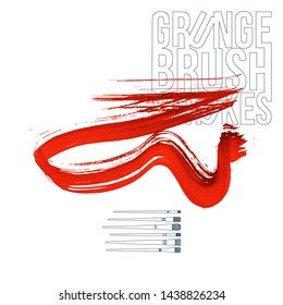 Red brush stroke and texture. Grunge vector abstract hand - painted element. Underline and border design.
