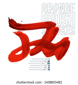 Red brush stroke and texture. Grunge vector abstract hand - painted element. Underline and border design.
