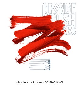 Red brush stroke and texture. Grunge vector abstract hand - painted element. Underline and border design.