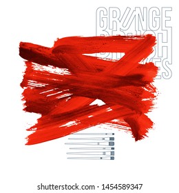 Red brush stroke and texture. Grunge vector abstract hand - painted element. Underline and border design.