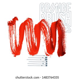 Red brush stroke and texture. Grunge vector abstract hand - painted element. Underline and border design.