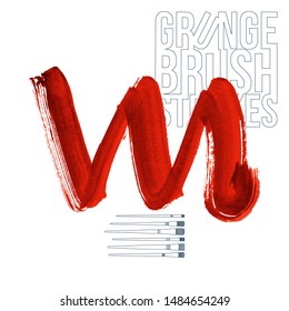 Red brush stroke and texture. Grunge vector abstract hand - painted element. Underline and border design.
