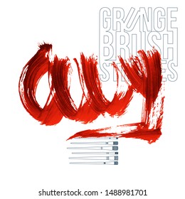 Red brush stroke and texture. Grunge vector abstract hand - painted element. Underline and border design.