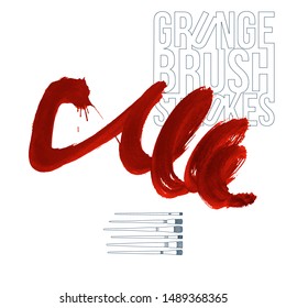 Red brush stroke and texture. Grunge vector abstract hand - painted element. Underline and border design.