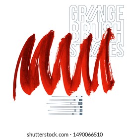 Red brush stroke and texture. Grunge vector abstract hand - painted element. Underline and border design.