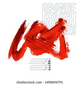 Red brush stroke and texture. Grunge vector abstract hand - painted element. Underline and border design.