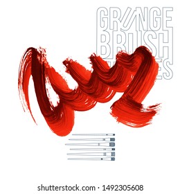 Red brush stroke and texture. Grunge vector abstract hand - painted element. Underline and border design.