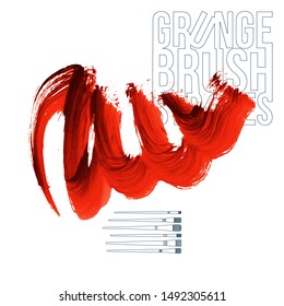 Red brush stroke and texture. Grunge vector abstract hand - painted element. Underline and border design.