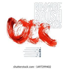 Red brush stroke and texture. Grunge vector abstract hand - painted element. Underline and border design.