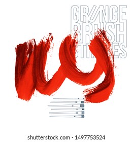 Red brush stroke and texture. Grunge vector abstract hand - painted element. Underline and border design.