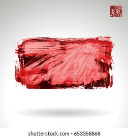 Red brush stroke and texture. Grunge vector abstract hand - painted element. Underline and border design.