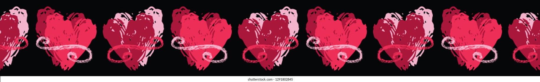 Red brush stroke textured 2 love hearts with scroll flourish . Hand drawn seamless repeating vector border. For valentines day banner ribbon, romantic wedding or passion proposal washi tape.