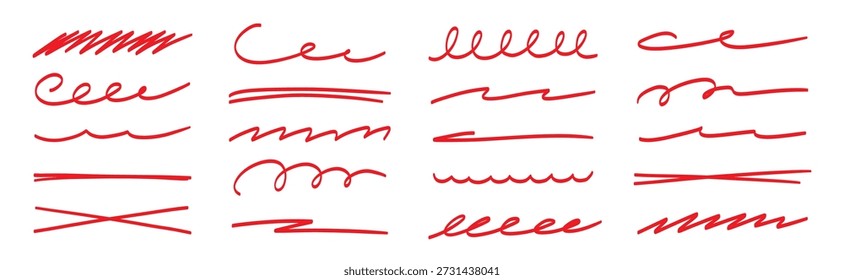 Red brush stroke underline collection. Marker pen highlight stroke pack. Vector swoosh brush underline set for accent, marker emphasis element. Vector illustration