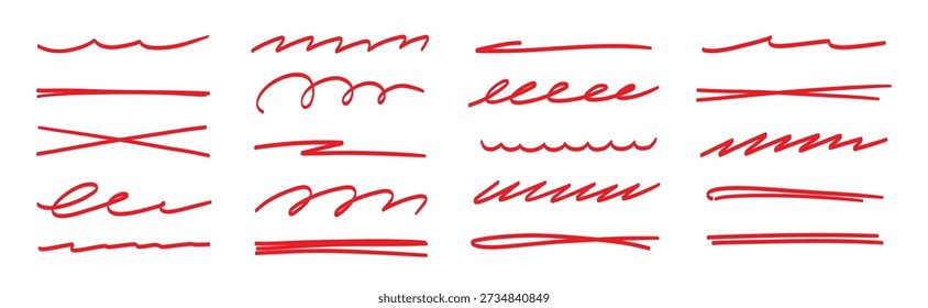 La pincelada roja subraya la colección. Paquete de trazo de resaltado de rotulador. Juego de subrayado de pincel swoosh de Vector para acento, elemento de énfasis de marcador. Ilustración vectorial