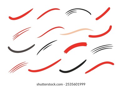 Red brush stroke underline hand drawn Marker pen highlight stroke. Vector swoosh brush underline set for accent, marker emphasis element. flat Vector illustration white background.