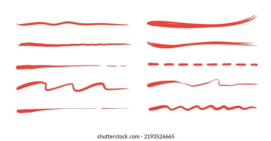 Red Brush Stroke Underline. Marker Pen Highlight Stroke. Vector Swoosh Brush Underline Set For Accent, Marker Emphasis Element..