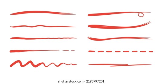 Red Brush Stroke Underline. Marker Pen Highlight Stroke. Vector Swoosh Brush Underline Set For Accent, Marker Emphasis Element..