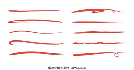 Red Brush Stroke Underline. Marker Pen Highlight Stroke. Vector Swoosh Brush Underline Set For Accent, Marker Emphasis Element..