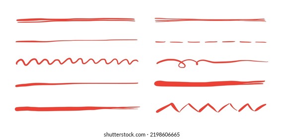 Subrayar el pincel rojo. Toco de resaltado de la pluma de marcador. Juego de subrayado de brochas vectoriales para acento, elemento de énfasis de marcador.