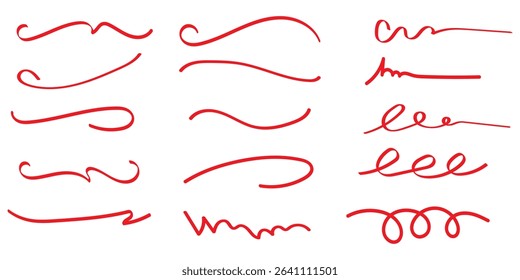 Red brush stroke underline. Marker pen highlight stroke. Vector illustration of crossed scribble lines isolated on white background. eps 10