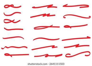 Red brush stroke underline. Marker pen highlight stroke. Vector illustration of crossed scribble lines isolated on white background. eps 10