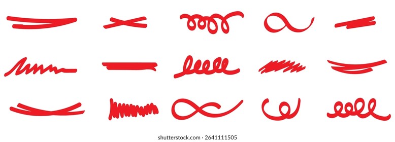 Red brush stroke underline. Marker pen highlight stroke. Vector illustration of crossed scribble lines isolated on white background. eps 10