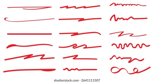 Red brush stroke underline. Marker pen highlight stroke. Vector illustration of crossed scribble lines isolated on white background. eps 10