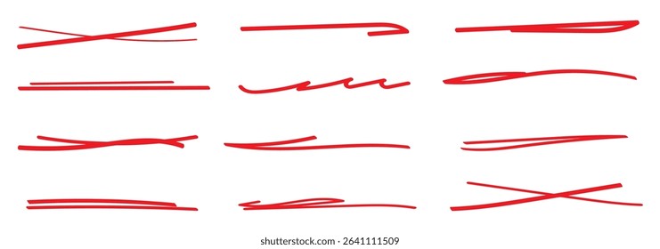 Red brush stroke underline. Marker pen highlight stroke. Vector illustration of crossed scribble lines isolated on white background. eps 10