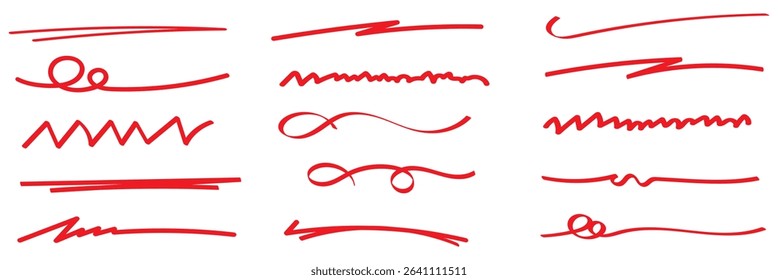 Red brush stroke underline. Marker pen highlight stroke. Vector illustration of crossed scribble lines isolated on white background. eps 10