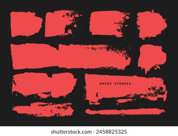 Red brush strokes template set. Paint texture label design bundle. Artistic grunge element. Various brushes layout 